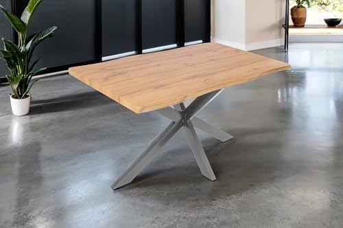 SAM Esstisch Josy | 120 x 80 cm | Holz Wildeiche-Optik | Spider-Gestell Metall Silber | 40 mm Tischplatte mit Baumkante | Tisch für Esszimmer & Küche