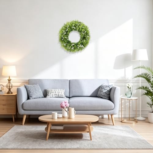 U'Artlines 20 Inch Boxwood Wreaths for Front Door, Spring Summer Wreath with White Flowers, Large Faux Greenery Wreath for Wall Window Porch All Seasons Outdoor Decor — view 5