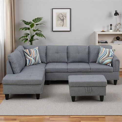 Trygoal 97" L Shaped Couch Sectional Couches with Chaise and Storage Ottoman, 3 Pieces Modular Convertible Sofa for Living Room Furniture Sets and Small Apartment, Light Grey