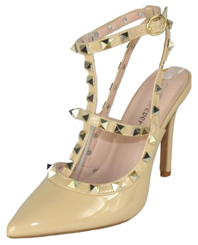 Forever Shoes Women Stiletto High Heels Pointy Toe Studded Pumps Ankle Strap Two Tone Biege Gold Accent STUDS-032