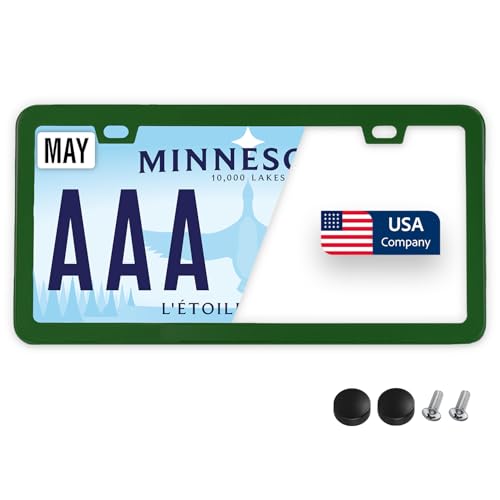 Image of Premium Slim Green License Plate Frame - 1 Piece, Rust-Free Stainless Steel & Rattle-Free, Street Legal, Universal with Screw Caps, Thin Edged Metal Front or Rear Car Tag Holder Unisex
