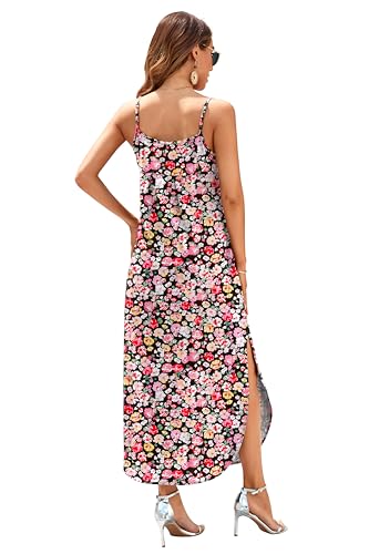 Image of HUSKARY Women's Summer Casual Sleeveless V Neck Strappy Split Loose Dress Beach Cover Up Long Cami Maxi Dresses with Pocket