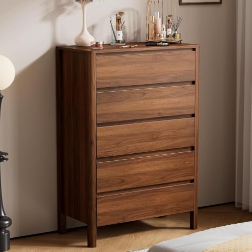 Image of Furniway Walnut 3 Piece Bedroom Set, 5 Drawer Dresser and Nightstands | Includes two 3 drawer nightstands with a Mid Century Modern handleless wood grain design for coordinated bedroom storage