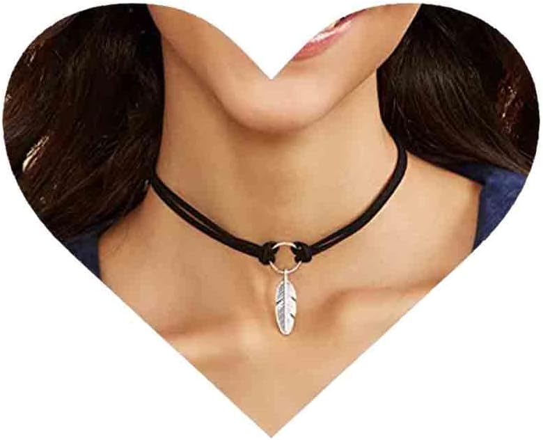 Vintage Layered Leather Choker Necklace Silver Feather Pendant Necklace Choker Black Short Velvet Necklace Geometric Circle Choker Necklace Jewelry for Women and Girls