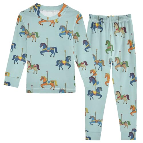 Pajama Sets Long Sleeve Carousel Horses on Blue Soft Comfy Sleepwear 2 Piece PJS 3-8T
