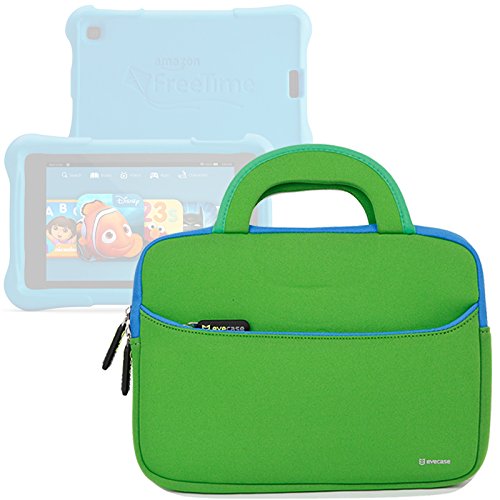 Evecase All-New Fire 7 Kids Edition Tablet Sleeve, Ultra Portable Handle Carrying Portfolio Neoprene Sleeve Case Bag for Amazon Fire HD 6/7 Kids Edition, 6'' / 7 inch HD Display - Green