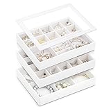 Vlando Stapelbare Schmucktabletts Glasdeckel, Schmuckkästchen Damen mit 3 Ebenen, Schmuck Organizer Schubladen aus Weiche Samt, Leder Aufbewahrungsbox Schmuckkasten für Ring Ohrring Halskette