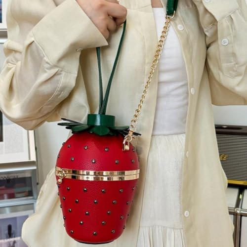 Cute Pu Leather Bag Purses Designer Shoulder Bags Strawberry Shape Bucket Bag Fashion Shiny Handbags with Detachable Chain3