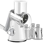 Ancevsk Rotary Cheese Grater, Manual Round Mandoline Vegetable Slicer with 3 Interchangeable Blades, Safe Food Shredder Nut Grinder for Potato, Carrot, Garlic, Walnut (White)