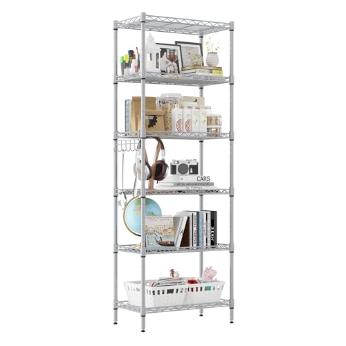 Homdox 6-Tier Storage Shelf Wire Shelving Unit Free Standing Rack Organization with Adjustable Leveling Feet, Stainless Side Hooks, Silver