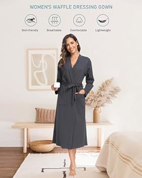 Ekouaer Ochtendjas voor dames, 3/4 mouwen, kimono, casual, badjas, saunamantel, zacht, licht, lang, loungewear, V-hals, dressing, gown, S-XXL, rood, L