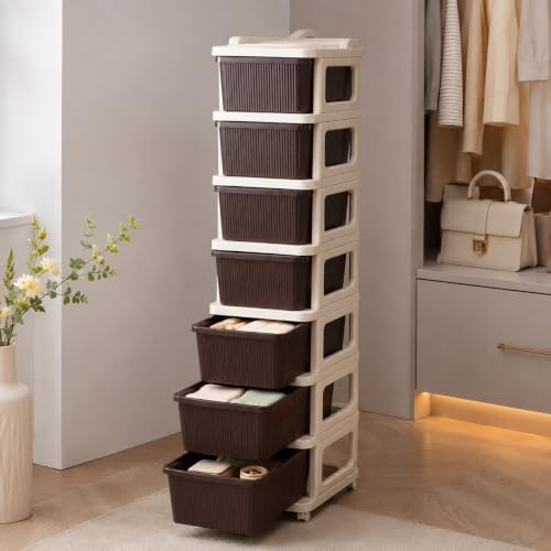 Image of Heavy Duty Plastic Storage Drawer with Wheels | Modular Cabinet for Bedroom, Office, Home or Classroom| Chest of Drawers Organiser for Cosmetics, Kitchen items, Toys (Brown, 7)