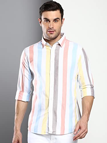 Image of Dennis Lingo Men's Striped Slim Fit Oxford Cotton Casual Shirt with Spread Collar & Full Sleeves