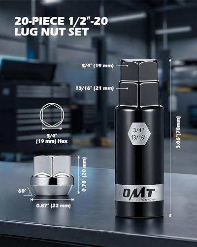 Image of Orion Motor Tech 1 /2 inch-20 Open End Lug Nuts, 3 /4 inch 19mm Hex Chrome Plated Wheel Lug Nuts Compatible with Dodge Dakota Ramcharger Ford Bronco Explorer F-150 Jeep Wrangler, Set of 20