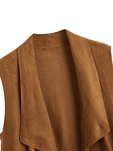 Soly Hux Women's Fringe Trim Sleeveless Lapel Open Front Vest Jacket Cardigan Camel M #TOP7