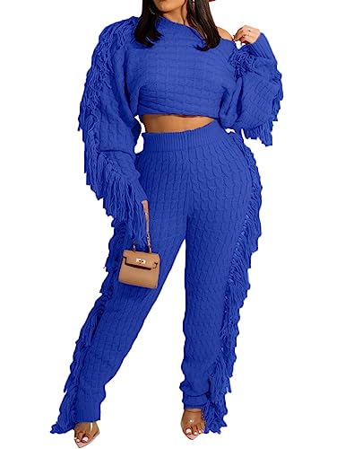Image of KANSOON 2 Piece Sweater Set for Women Cable Knit Fringe Crop Top and Pants | Cozy feel, ribbed high waist, comfortable stretch fit for birthday and chilly going-out outfits