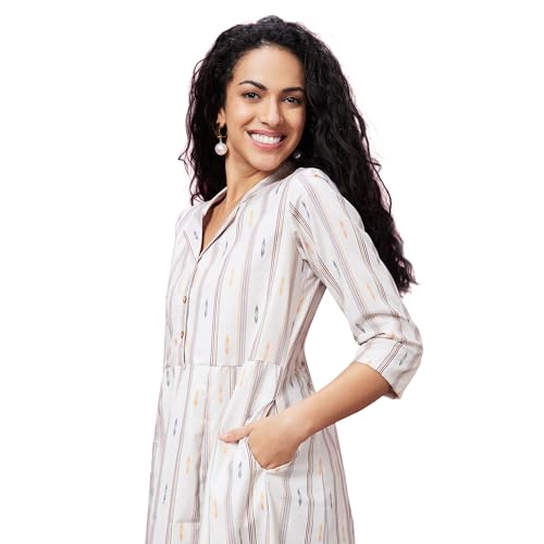 Image of Globus Women Green Casual Striped Lapel Shirt Collar 3 /4th Sleeve A-Line Kurta-3639791001