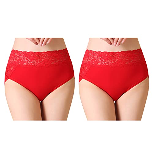 Serecofo Pack de 2 Bragas de Encaje de Cintura Alta para Mujer Braguitas de Algodón Lencería Femenina Talla 36 52 Ropa Interior de Mujer Pantalones Cortos Elásticos (50 52, 2 Rojo)