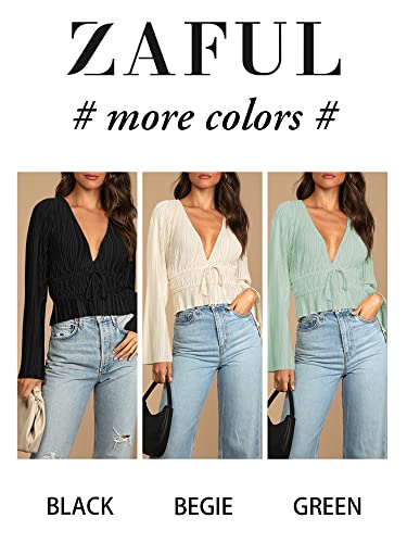 Zaful Women Deep V Neck Bell Long Sleeve Blouse Tie Knot Pleated Crop Top Solid Elegant Tunic Shirt Black #TOP5