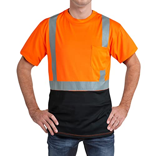 Dpsafety High Visibility Shirts Quick Dry Safety T Shirts With Reflective Strips And Pocket Short Sleeve Mesh Hi Vis Construction Work Class 2 Shirt For Men/Women Black Bottom Orange,Large #TOP6