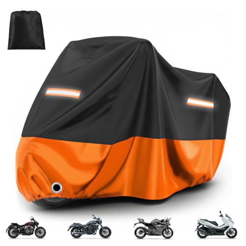 Favoto Housse Moto Extérieure Imperméable - Bâche de Protection XXL Anti-UV & Anti-Poussière avec Trou pour Antivol Sangles Coupe-Vent Noir Orange 245×105×125cm