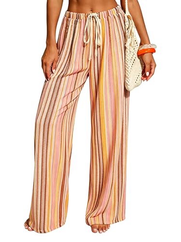 Image of ZAFUL Womens Beach Cover Up Pants Sexy Crochet Drawstring Elastic Boho Swimsuit Cover Up Long Pants Beach Wear