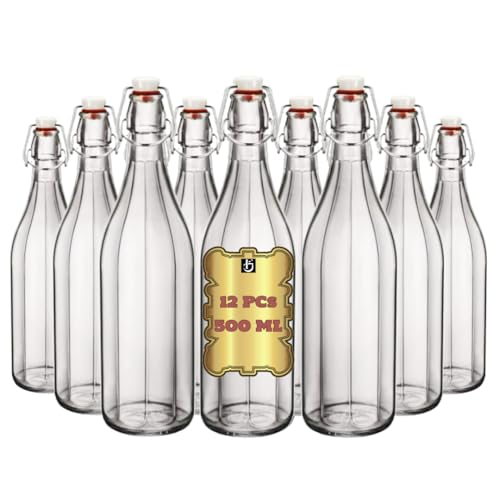 Lot de 12 bouteilles côtelées en verre avec bouchon hermétique de 0,5 L - Bouteille en verre transparent pour eau, vin et liqueur avec bouchon mécanique et joint alimentaire