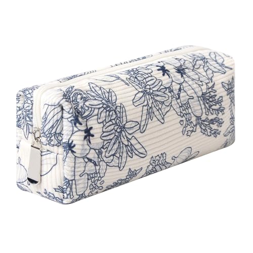 Image of Pencil Case Lightweight Aesthetic Pen Case Office College School Storage Bag Pouch Holder Box Organizer Makeup Pouch Cosmetic Bag for Girls Boys Kids (Flowers-Navy blue)