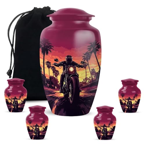 Image of Motorcycle Cremation Urns - Combo of 5 with 10 Inch Memorial Burial Urn for Adult Male & Female and 3 Inch Mini Keepsake Bike Urns for Biker Ashes - Funeral Decorative Set for Humans