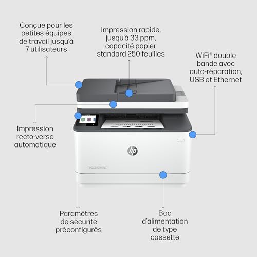 HP Laserjet Pro 3102fdw, 3G630F, Imprimante Multifonction A4, Impression Recto Verso Automatique en N/B, 33 ppm, USB Host, Wi-FI, Ethernet, Fax, ADF, Smart, Blanche