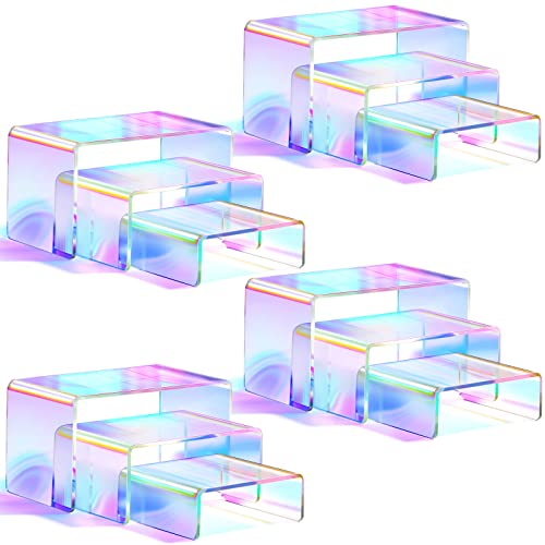 12 Pcs Iridescent Display Risers Acrylic Display Risers Rainbow Acrylic Stands 3 Tiered Iridescent Rectangle Tabletop Shelf Showcase Fixtures For Dessert Cupcake Candy Treat Action Figure Display