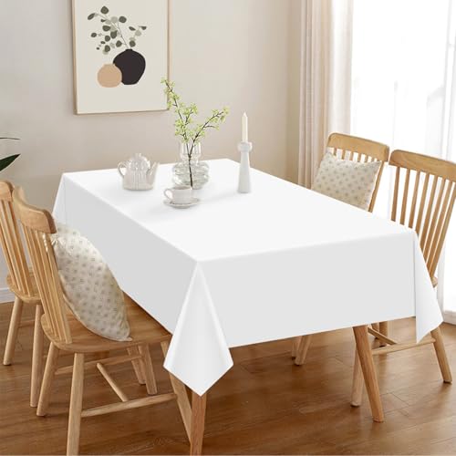 Image of Hxezoc White Disposable Plastic Tablecloth, 54 x 108 Inches Waterproof Table Cover for Wedding Birthday Party Baby Shower Decorations Outdoor Indoor Party Supplies