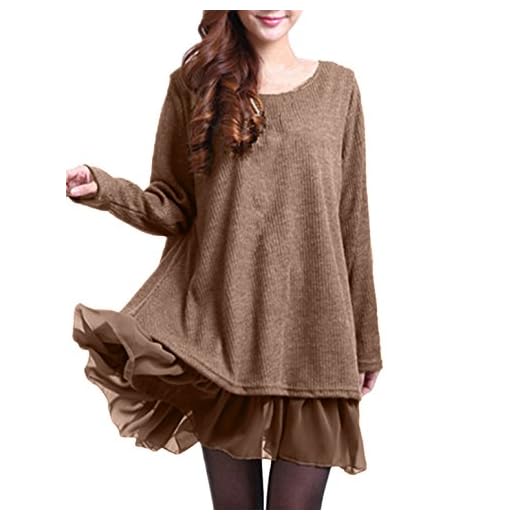 ZANZEA Mujer Vestido Elegante Algodón Corto Casual Gasa Lazo Cuello Redondo Mangas Largas Caqui EU 52