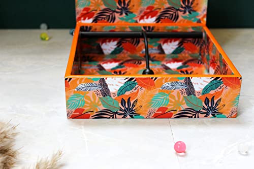 Image of Monstera Hut Tangerine Twist 4 Compartment Modern MDF Wooden Cutlery Holder Spoon, Knife, Fork, Caddy Self Organizer Home Kitchen Dining Cum Cutlery Holder(10x7.5x4 Inches) | 25x19x10cm