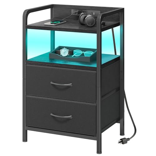 Image of Fixwal Night Stand for Men Bedroom with 2 Fabric Storage Drawers and Shelves, Nightstand with Charging Station & LED Lights, Black