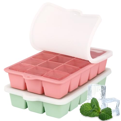 HUAKENER 2 Pack Silicone Ice Cube Tray, Medium Size Ice Cube Trays for Freezer, Stackable Ice Cube Molds with Lid for Whiskey, Coffee, Baby Food, Soups and Frozen Treats