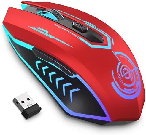 UHURU Gaming Mouse, Wireless Gaming Mouse with 6 Buttons 7 Changeable LED Color up to 10000 DPI, Rechargeable USB Gamer Mouse for PC Laptop (Red)