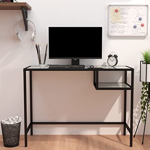 QUAHEAS Computertisch Weiß Marmor Optik 100x36x74 cm, Robuster Glas Schreibtisch für Büro, Home Office, Arbeitszimmer, Kleine Räume