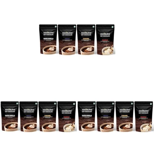Image of COCOSUTRA Hot Chocolate Mix Combo | Swiss Vanilla, Mocha, Caramel & Hazelnut Flavoured | Enjoy hot or cold | Pack of 12 (Each 100 g) 400 g | Drinking Chocolate powder