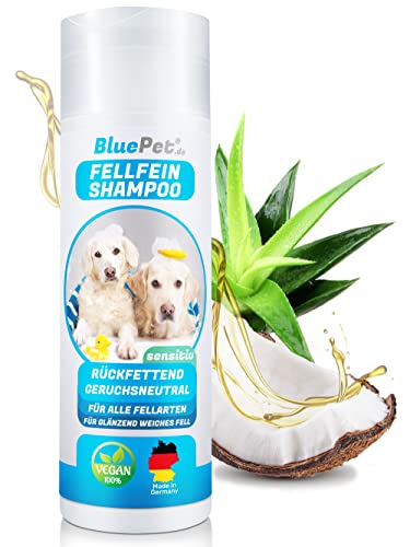 BluePet® Champú para Perros sensibles sin Olor - Fabricado en Alemania - Champú de Cuidado reengrasante con Aloe Vera y Aceite de jojoba para un Pelaje Brillante y fácil de peinar = 100% Vegano Cover
