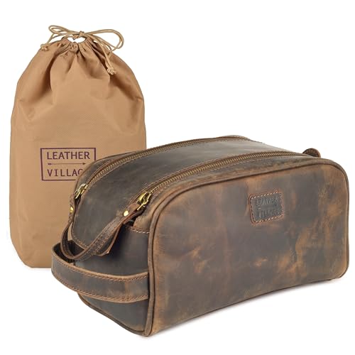 LEATHER VILLAGE Genuine Leather Toiletry Travel Bag With Waterproof Lining - Brown | King-Size Handcrafted Vintage Dopp Kit Bag, Shaving & Bathroom Organizer, Gift for Men & Women by LEATHER VILLAGE - Image 5