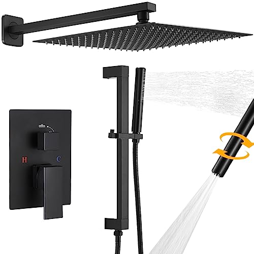 Besy Matte Black Shower System With Adjustable Angle Slide Bar, 12 Inch Rain Shower Head And Wand Wall Mounted, Rainfall Shower Faucet Fixture Combo Set, 2 In 1 Handheld Showerhead For Bathroom #TOP16