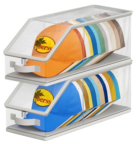 AOODA 2PCS Stackable Hat Storage for Baseball Caps, Clear Hat Organizer for Closet Holds up to 24 Caps, Men‘s Hat Box Display with Cardboard (Grey)