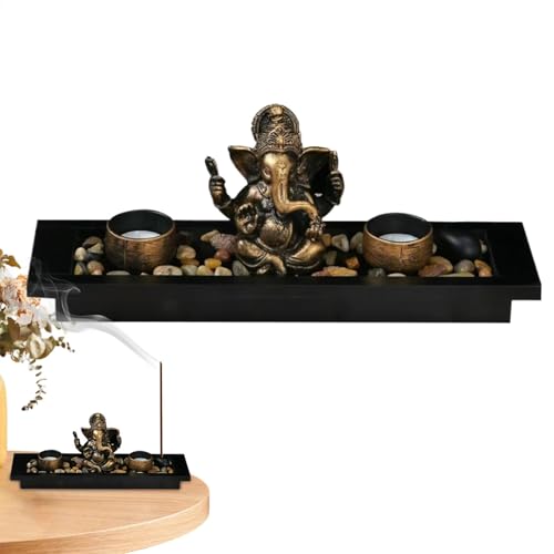 Ganesha - Portavelas Zen, figurilla, quemador de incienso con rocas decorativas y bandeja para dormitorio, sala de estar o espacio de meditación (1 unidad)