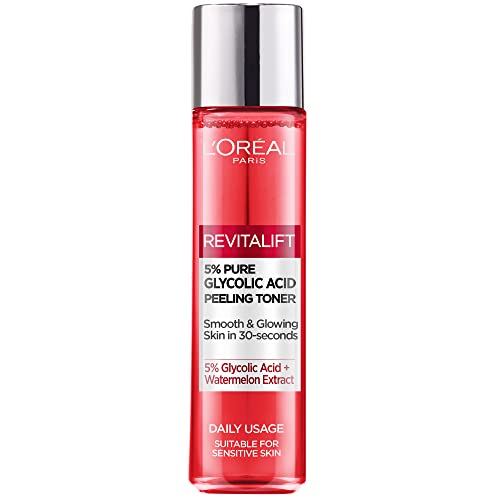 L'Oreal Tónico para pelar ácido glicólico Paris al 5%, tóner glicólico Revitalift, para una piel suave y brillante - 180 ml