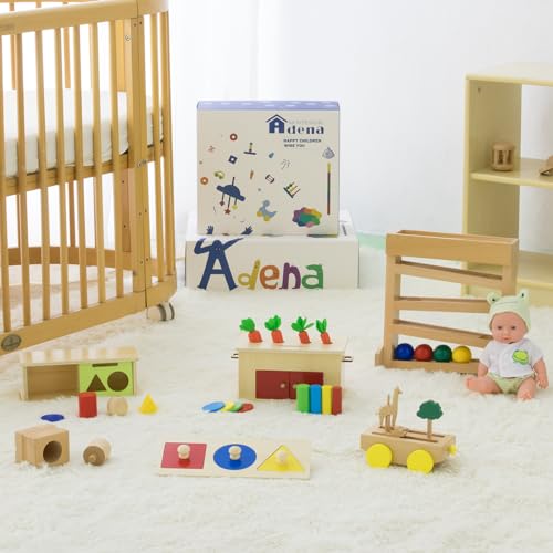 Image of Adena Montessori Play Kit for 11-12 Months Baby,7 in 1 Learning Educational Toys for Toddler,Include Multi-Shapes Puzzle,Ball Tracker,Wooden Shapes Drop and More,Christmas Birthday Gift for Boys Girl