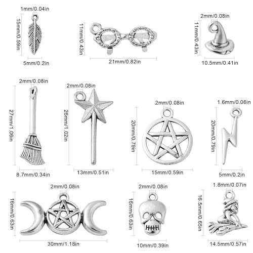 Stiesy 100pcs 10 Styles Antique Silver Witchcraft Theme Tibetan Witch Hat Feather Skull Magic Dangle Charms for DIY Crafts Jewellery Making - Image 2