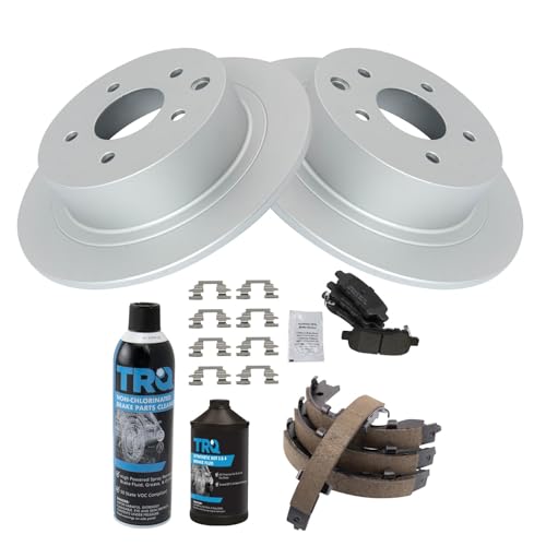 Image of TRQ Rear Brake Pad & Rotor Kit, with Chemical Kit Parking Brake Shoe Set Semi-Metallic Compatible with 2002-2021 Nissan Altima 2004-2018 Maxima