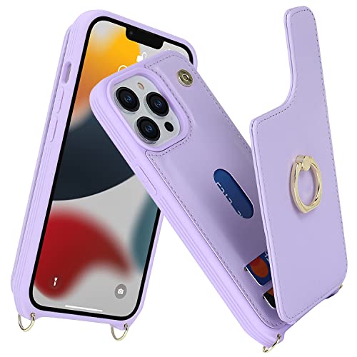 Image of for iPhone 12 /12 Pro Case with Card Holder and Strap for Women,Crossbody Lanyard,RFID Blocking,Kickstand Ring Stand,Snap Clasp,Phone Wallet Cases 6.1 inch(Purple)