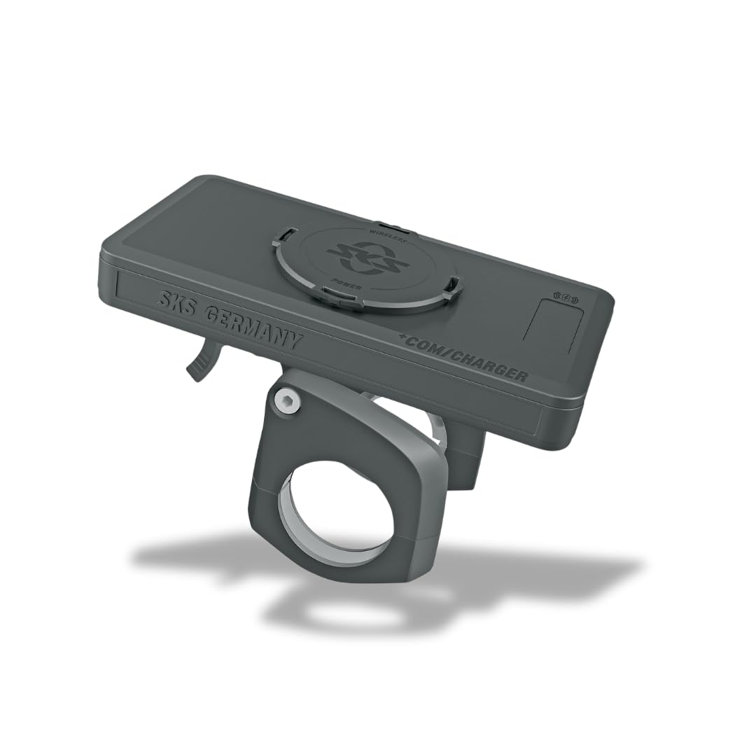 SKS GERMANY COMPIT+/POWER [3rd Gen] mobile phone holder with 10,000 mAh powerbank for mounting on the handlebar (smartphone holder for bikes & e-bikes, inductive charging function)